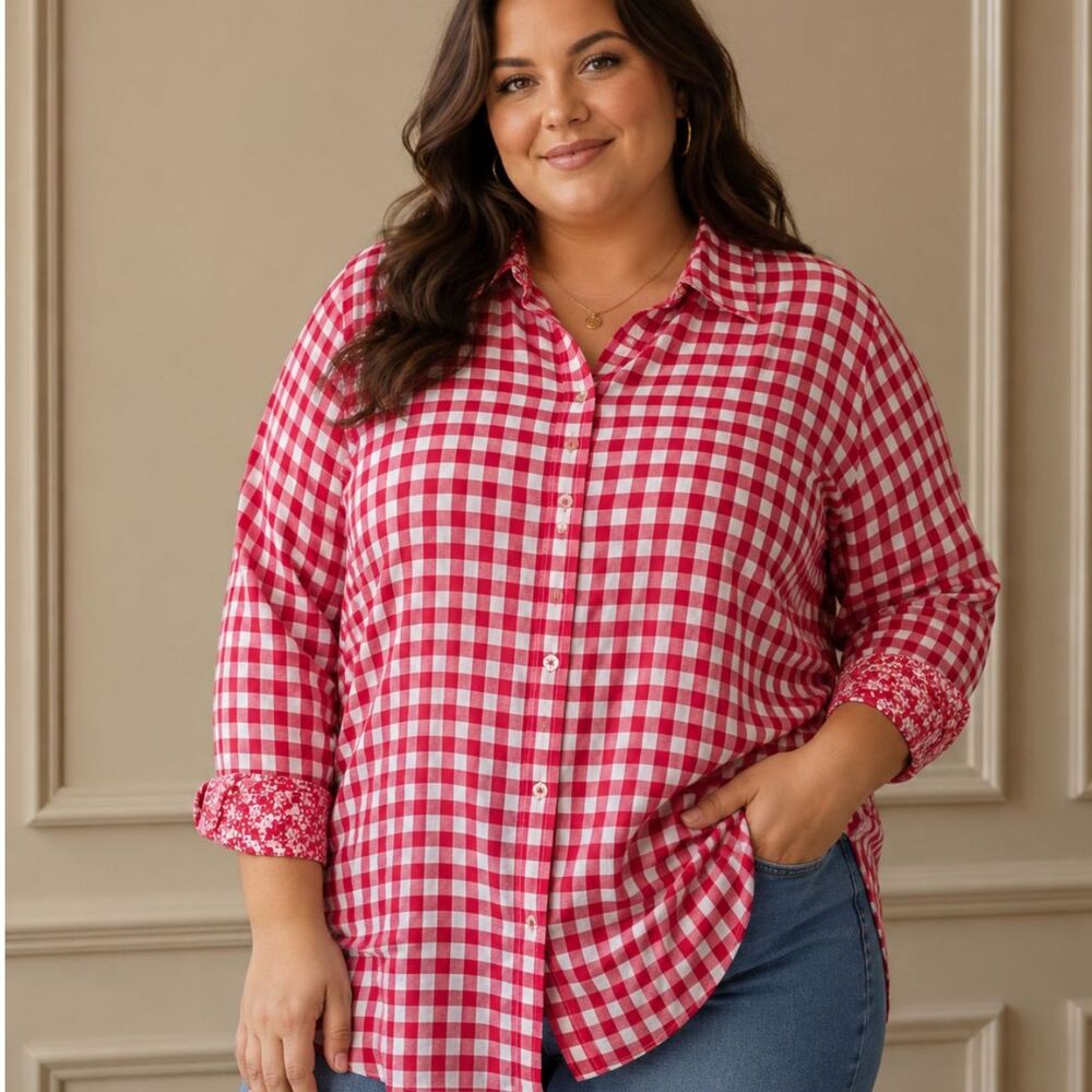 Talbots Red and White Gingham Pop Ove Button UP Blouse Top Plus Size 3X NWT